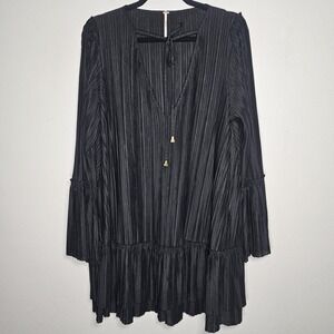 Free People Womens Small Black Can't Help It Long Bell Sleeve Mini Dress Pleated